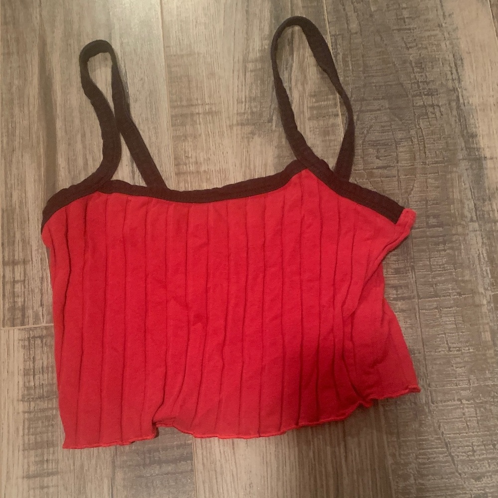 SHEIN Red Ribbed Crop Top with Black Straps